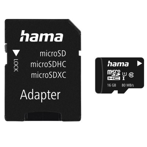 Hama 16GB MicroSDHC Card with SD Adapter, Class 10 UHS-I, V10, Up to 80MB/s