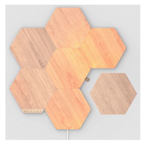 Nanoleaf Elements Hexagons Starter Kit (7-Panels), White Light, Wood Grain Finish, Create an Illuminated Display, Ultra-Thin Panels, Music Reaction, App/Voice/Manual Control