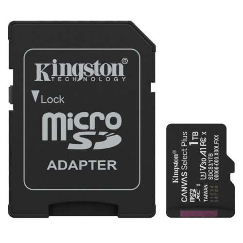 Kingston 1TB Canvas Select Plus Gen3 MicroSDXC Card with SD Adapter, UHS-I Class 10, U3, V30, A1 App Performance, 150MB/s