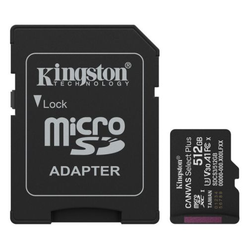 Kingston 512GB Canvas Select Plus Gen3 MicroSDXC Card with SD Adapter, UHS-I Class 10, U3, V30, A1 App Performance, 150MB/s