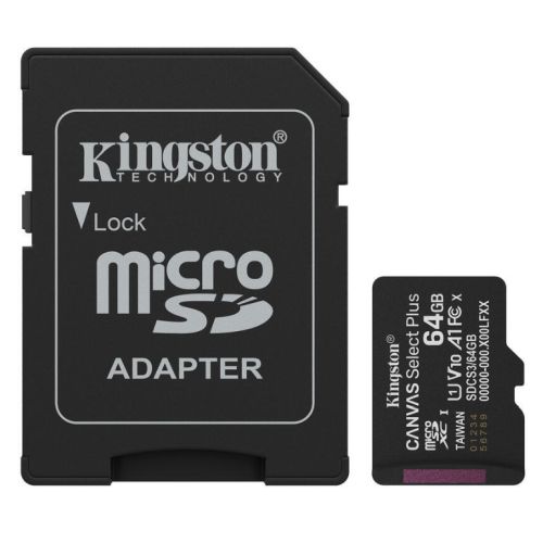 Kingston 64GB Canvas Select Plus Gen3 MicroSDXC Card with SD Adapter, UHS-I Class 10, U1, V10, A1 App Performance, 100MB/s